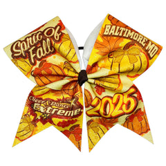 Cheerleading bow with autumn-themed design and text on a white background