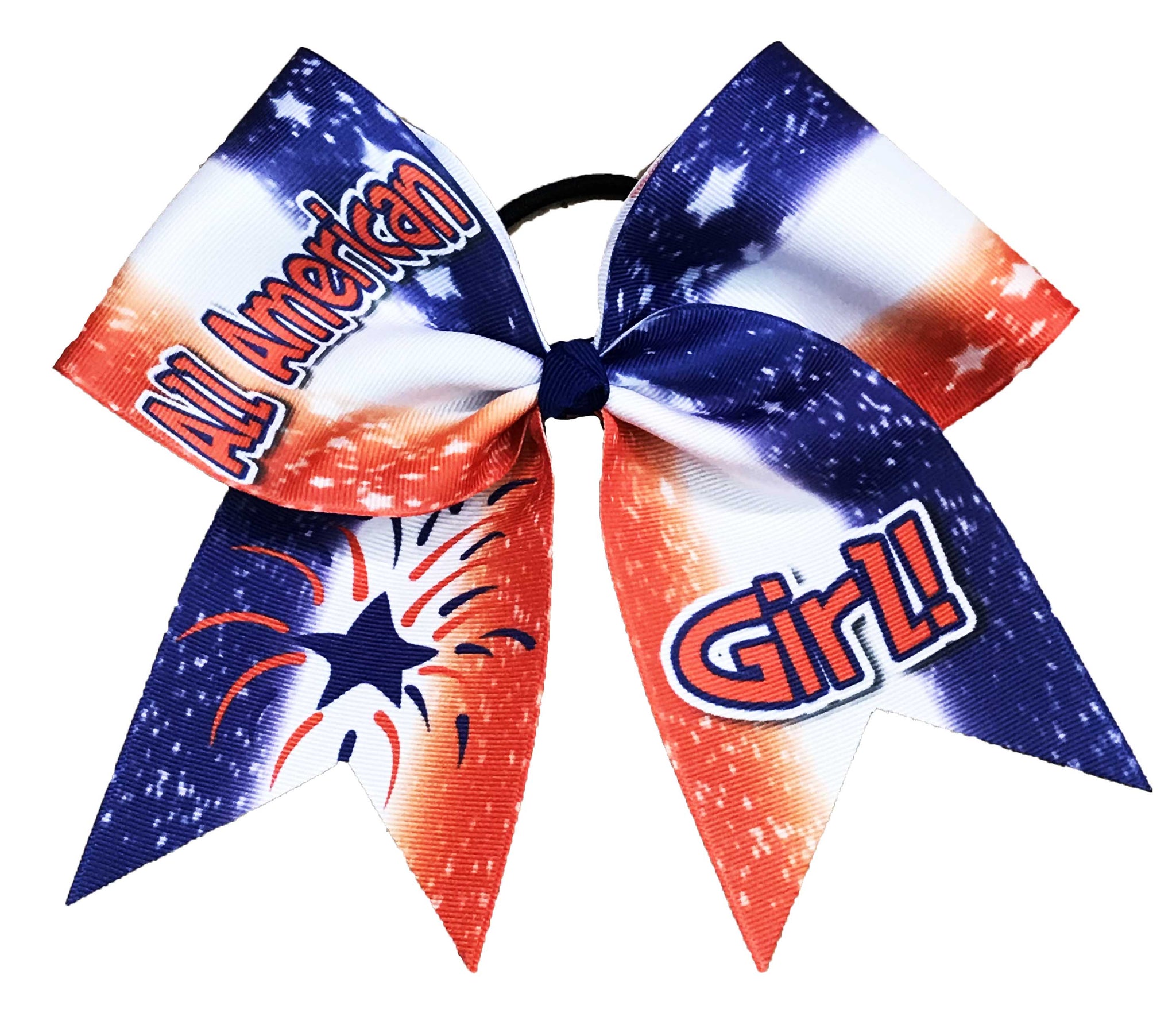 Red, WHite and Blue cheer bow with 'All American Girl!' text on a white background