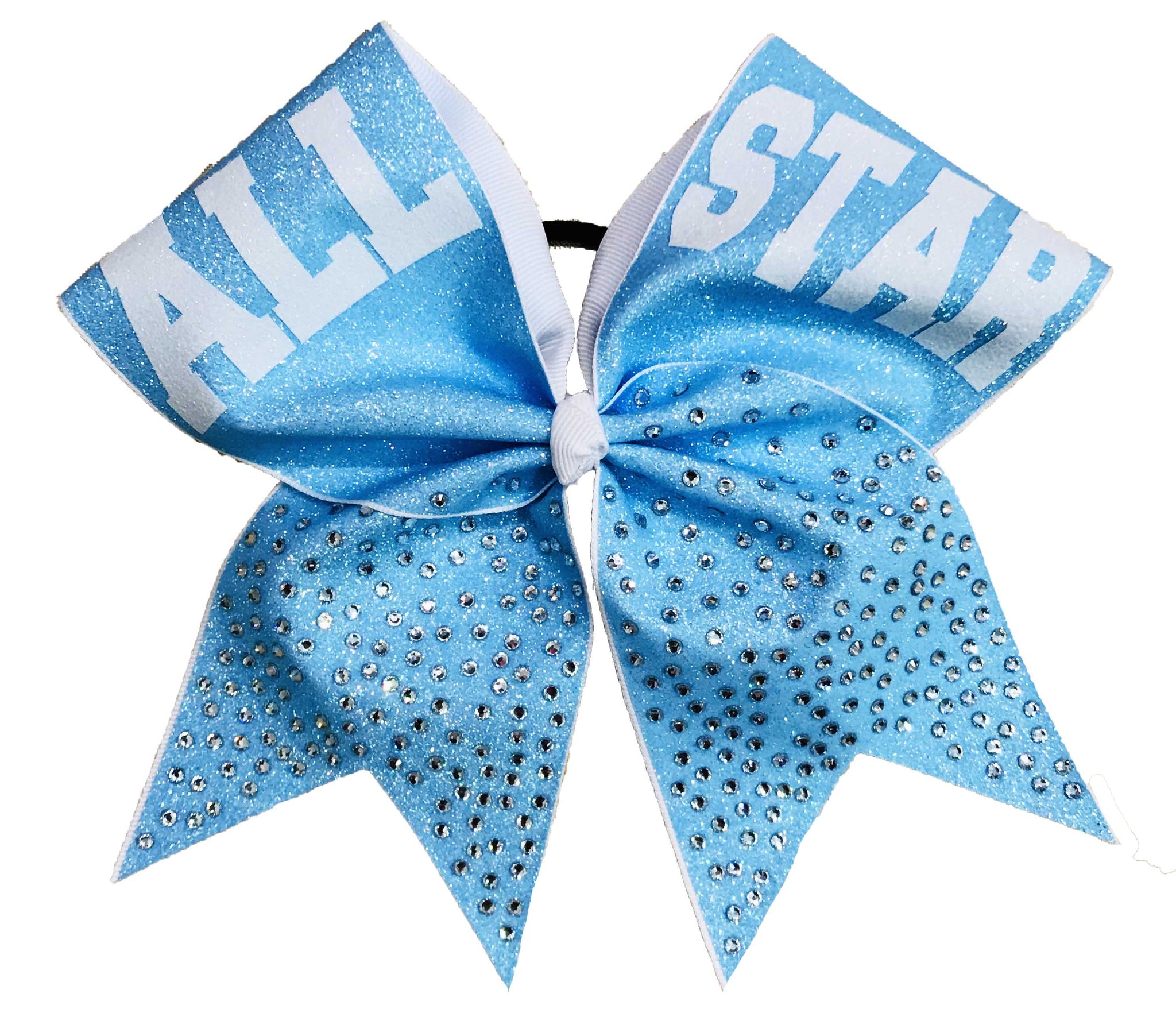 Neon Blue glittery cheer bow with 'ALL STAR' text on a white background