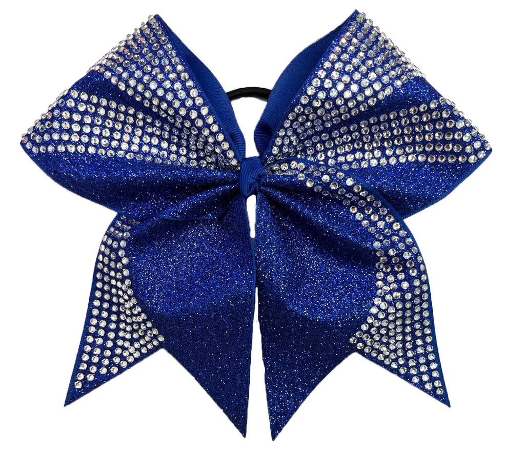 Blue glittery cheer bow with rhinestones on a white background