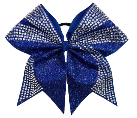 Blue glittery cheer bow with rhinestones on a white background