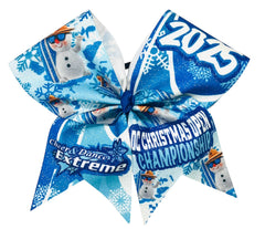 Blue and white cheer bow with 'Cheer & Dance Extreme' and 'OC Christmas Open Championship' text on a white background