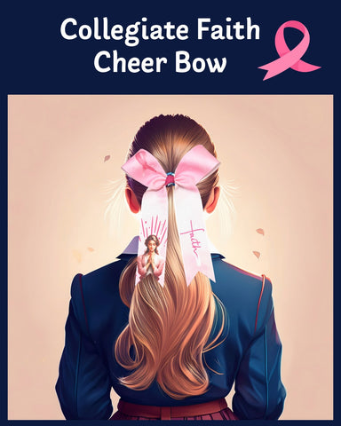 Illustration of a school girl wearing a pink cheer bow with a religious design, set against a beige background.