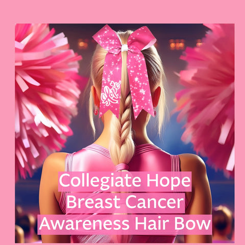 Cheerleader wearing a pink hair bow with 'Collegiate Hope Breast Cancer Awareness' text, surrounded by pink pom-poms.