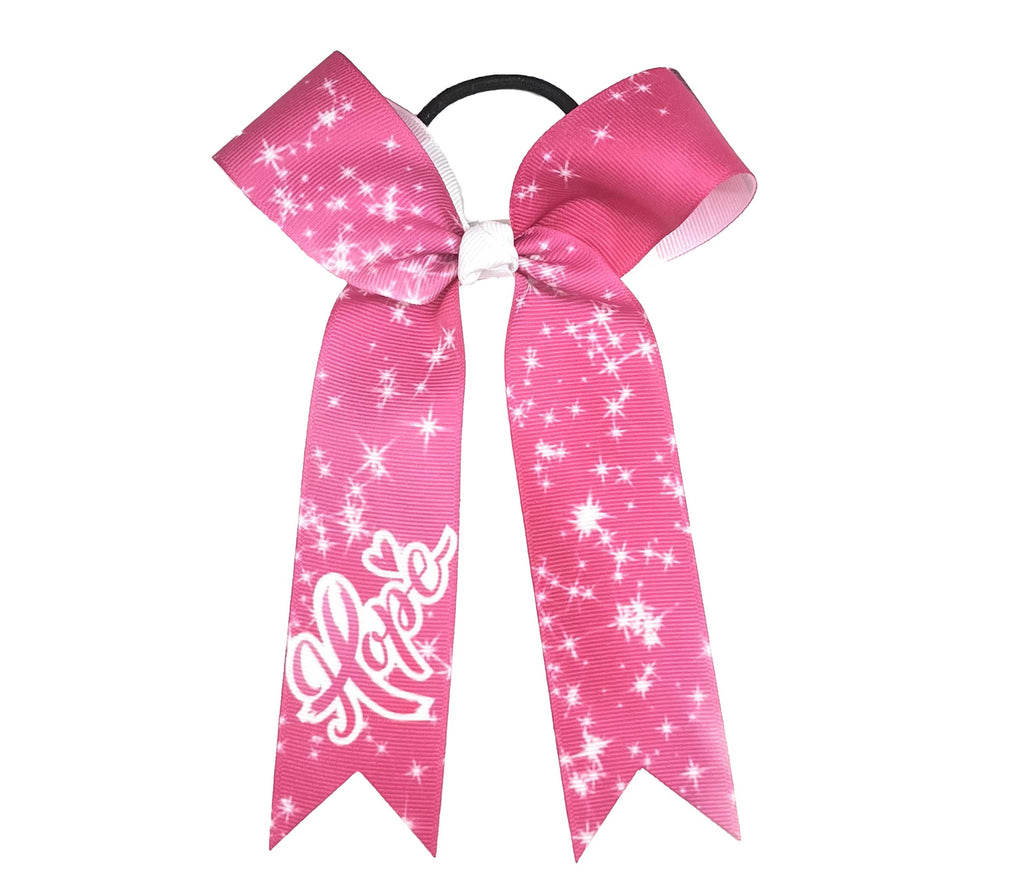 Pink cheer bow with white sparkle star print, “Hope” ribbon script, and white center knot for Breast Cancer Awareness.