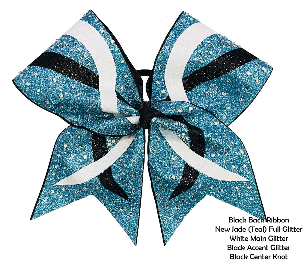 Criss Cross Cheer Bow | New Jade (Teal) Black White Glitter and Rhinestone Cheer Bow | Competition Cheer Bow | Rhinestones and Glitter Cheer Bow