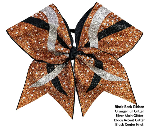 Criss Cross Cheer Bow | Black Orange Silver Glitter and Rhinestone Cheer Bow | Competition Cheer Bow | Rhinestones and Glitter Cheer Bow