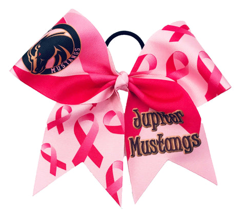 Pink and red cheer bow with 'Jupiter Mustangs' text and breast cancer awareness ribbons on a white background
