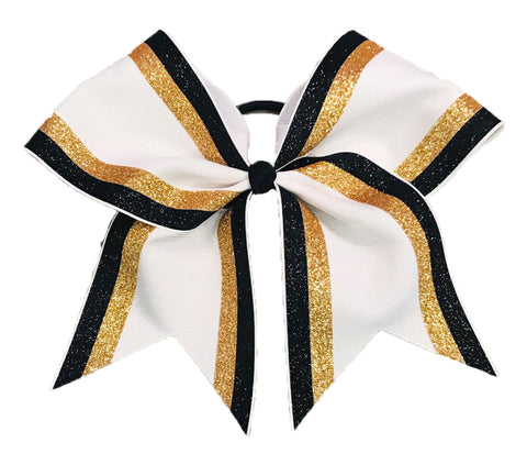 Large white cheer bow with black, gold, and white colors on a white background