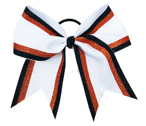 Cheerleading bow with white center, orange and black stripes on a white background
