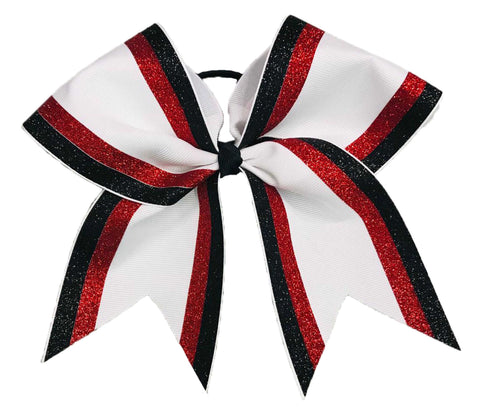 Large cheer bow with red, black, and white stripes on a white background
