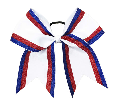 Cheerleading bow with red and royal blue stripes on a white background