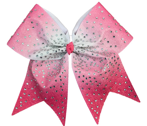 Hot Pink and silver glittery cheer bow with rhinestones on a white background