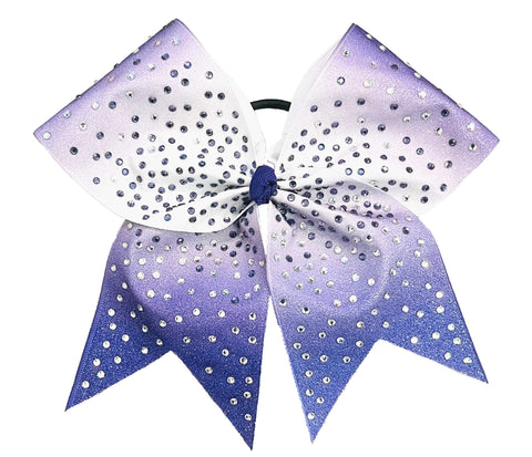 Ombre purple and white cheer bow with rhinestones on a white background