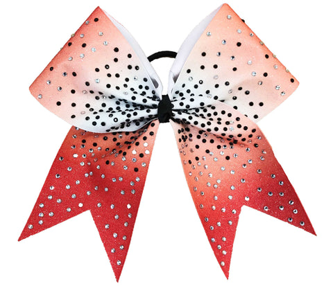 Cheerleading bow with ombre red, and white with rhinetone design on a white background
