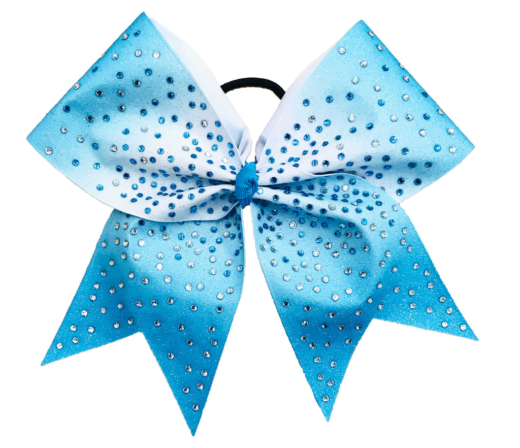 Turquoise Blue and white glittery cheer bow with capri and clear rhinestones on a white background