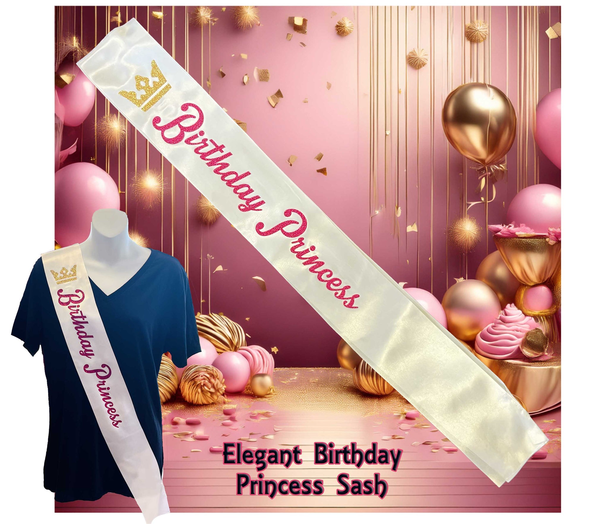 Birthday Princess sash on a mannequin with a festive background of balloons and decorations.