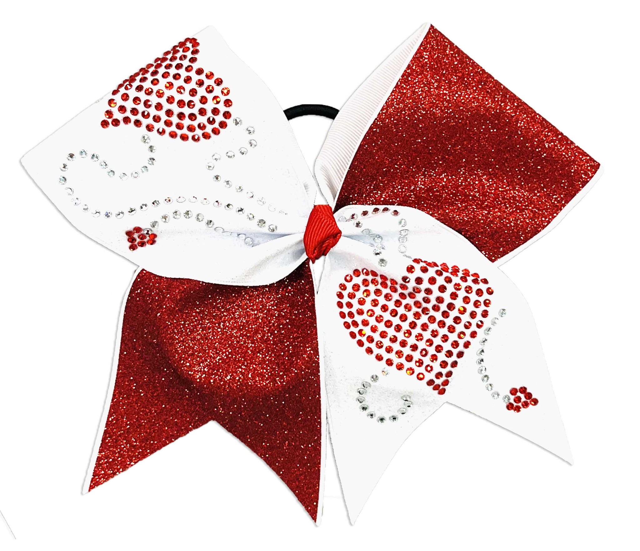 Red and white glittery cheer bow with rhinestone heart designs on a white background