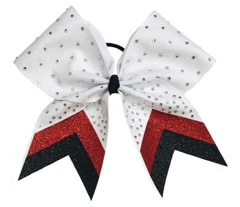 White cheer bow with red and black glitter accents and rhinestones on a white background
