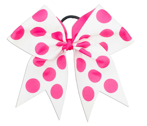 White full glitter cheer bow with pink polka dots on a white background
