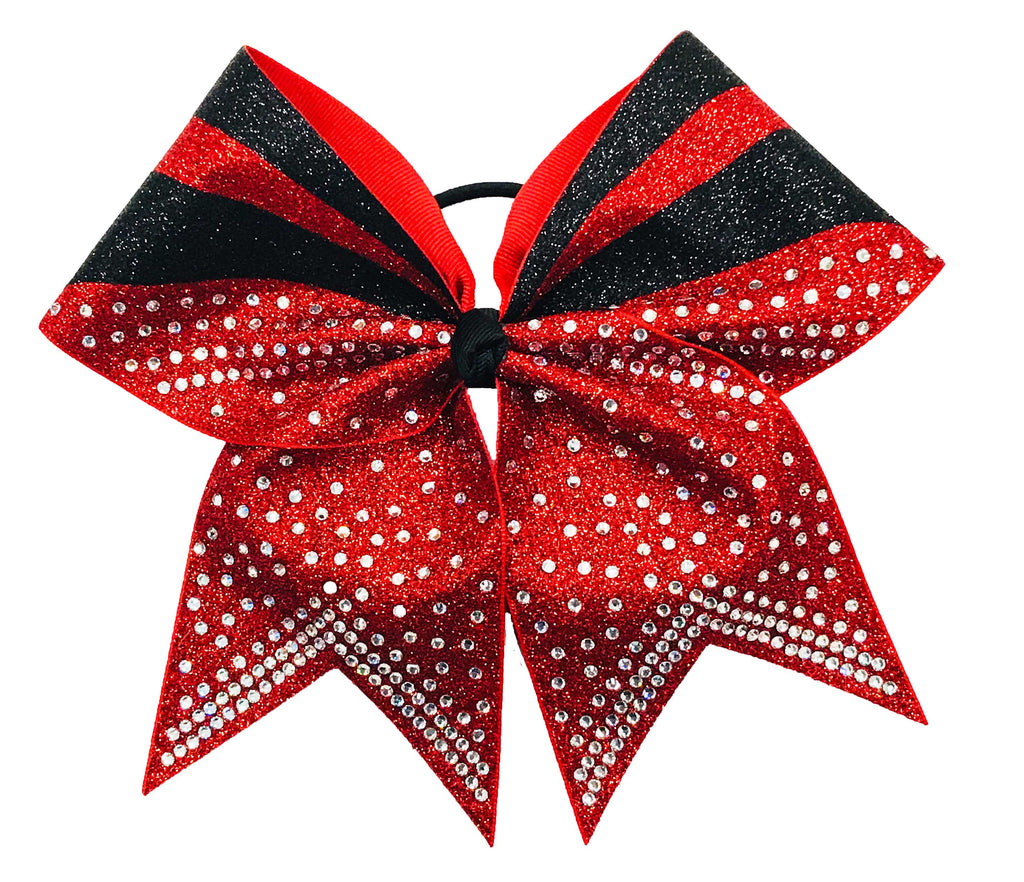 Red and black glittery cheer bow with rhinestones on a white background