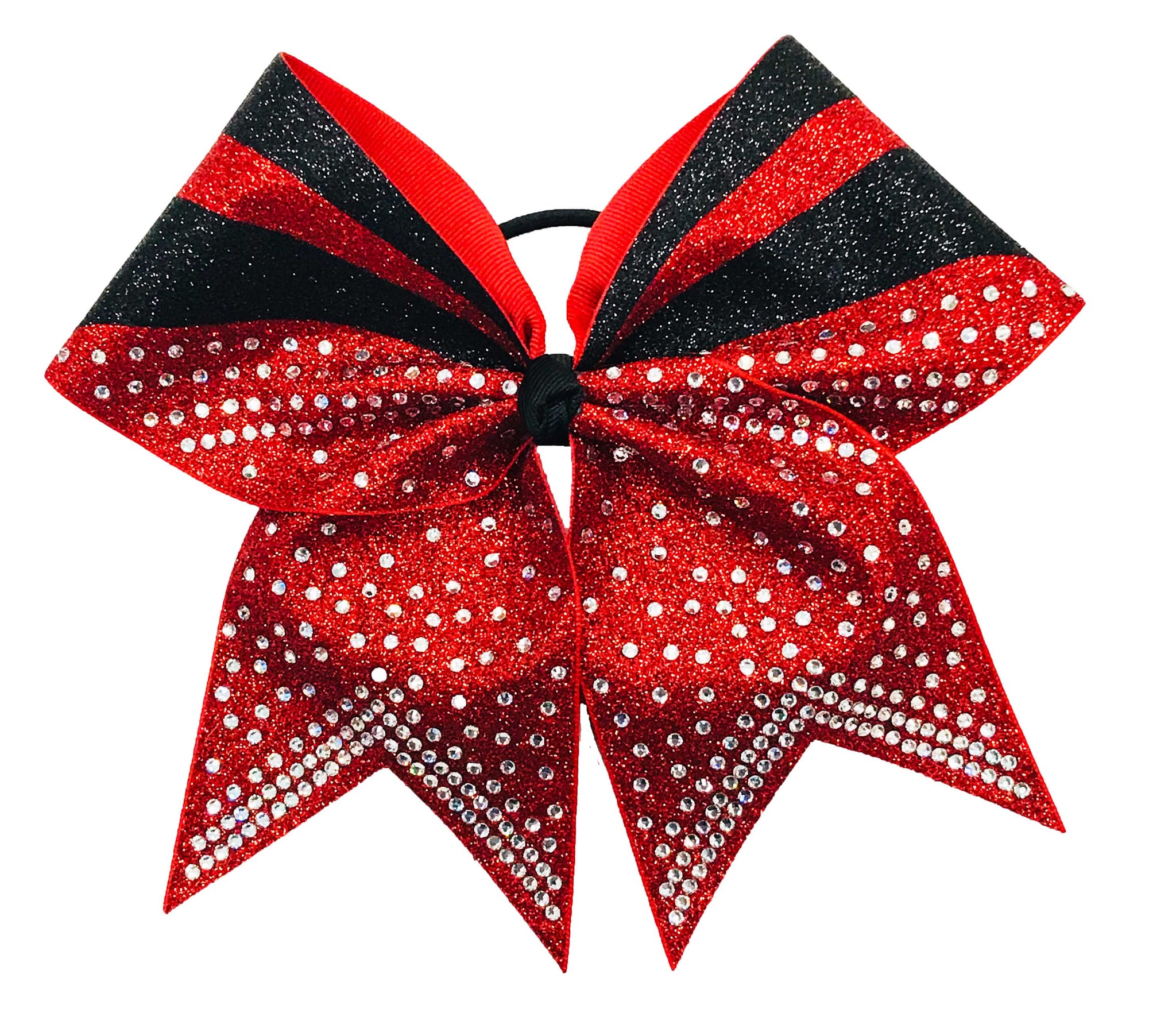 Red and black glittery cheer bow with rhinestones on a white background