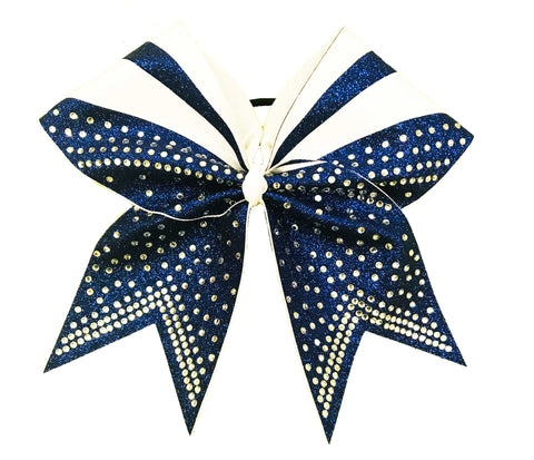navy Blue and white glittery cheer bow with rhinestones on a white background