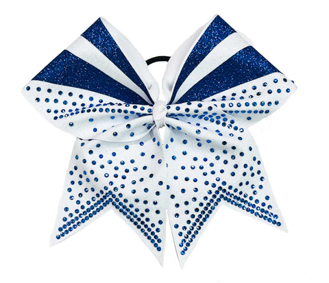 royal Blue and white cheer bow with colbat rhinestone design on a white background