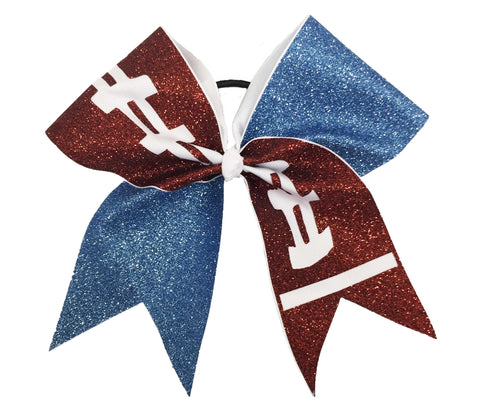 columbia blue and brown football glittery cheer bow on a white background