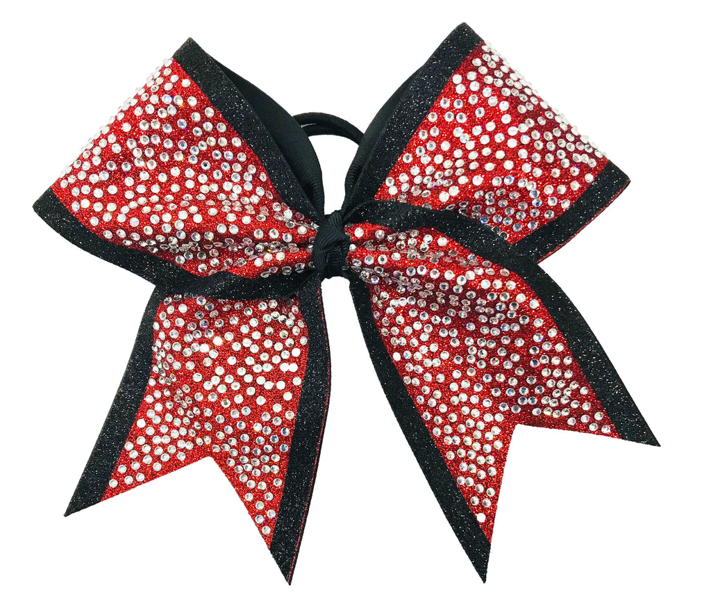 Red and black cheer bow with rhinestones on a white background