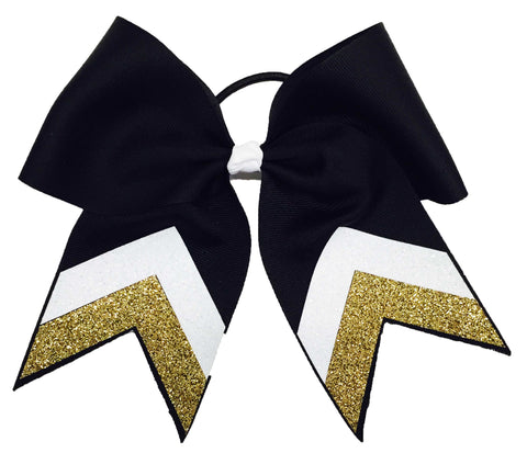 Black, white, and gold cheer bow on a white background
