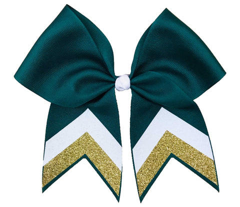 Teal and gold cheer bow with white center on a white background