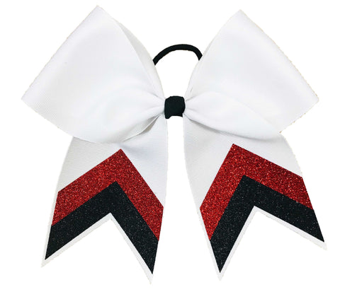 White cheer bow with red and black chevron pattern on a white background