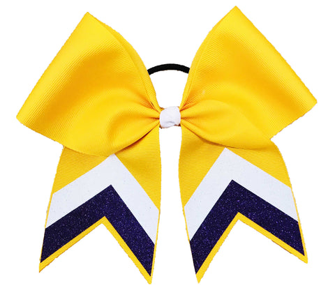 Yellow cheer bow with purple and white chevron patterns on a white background