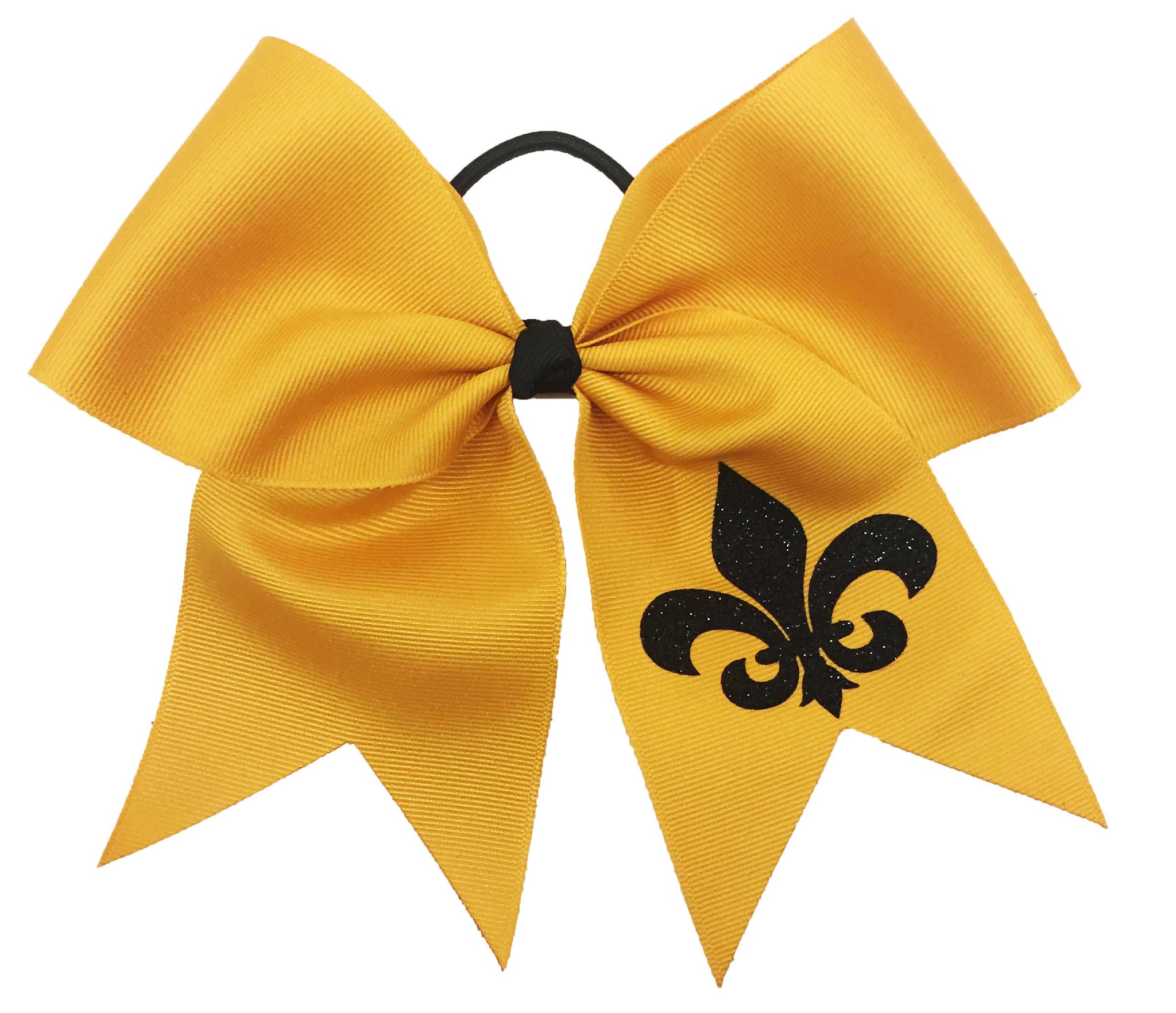 Yellow gold hair bow with a black fleur-de-lis design on a white background