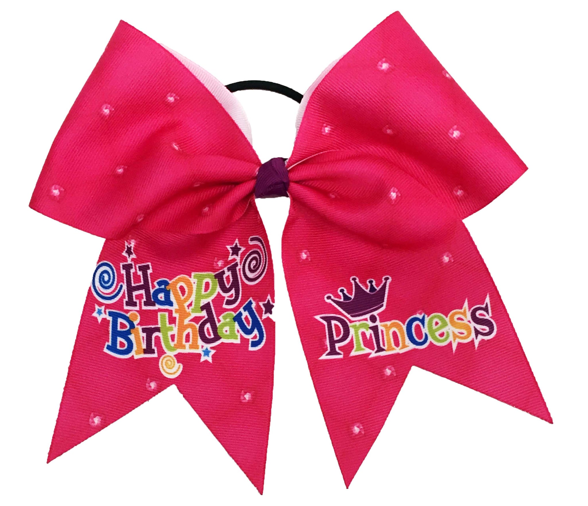Pink hair bow with 'Happy Birthday' and 'Princess' text on a white background