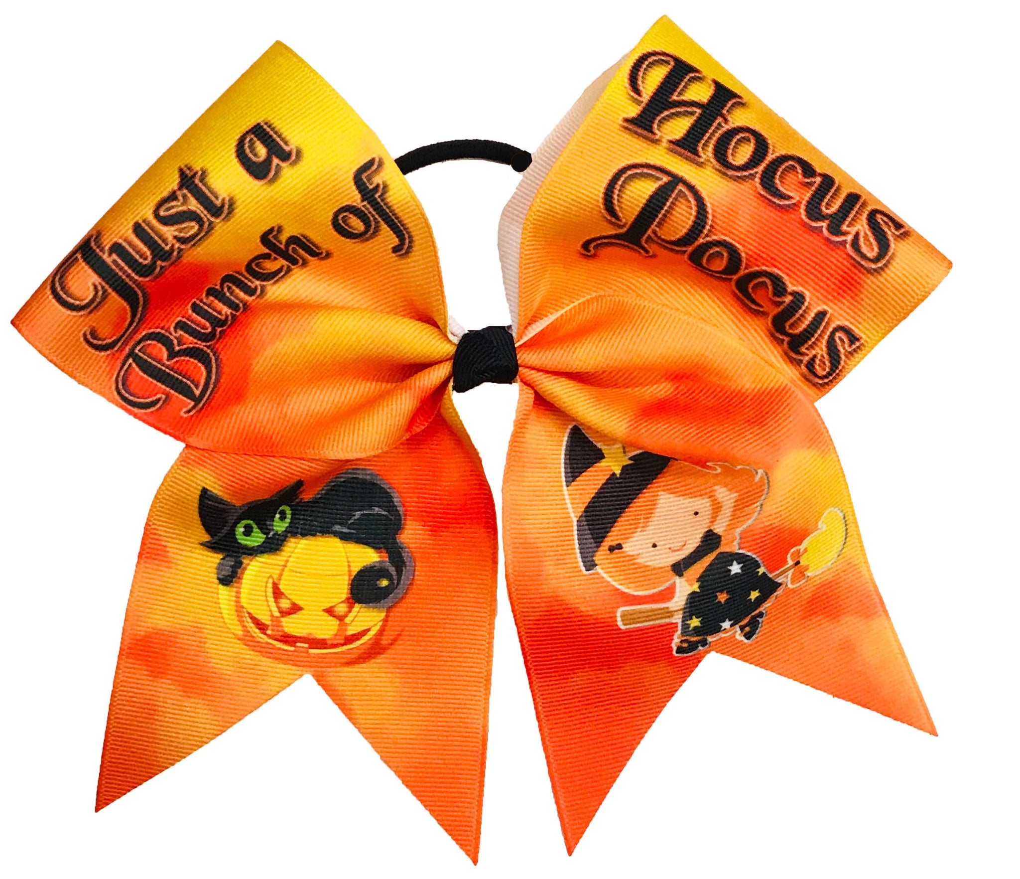 Halloween-themed bow with pumpkin and witch "Just a bunch of Hocus Pocus" text designs on an orange background
