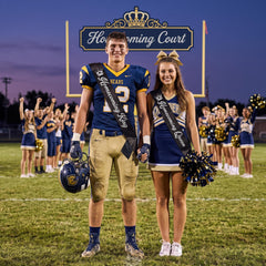 A young football player in a navy and gold uniform with the number 12 stands on a high school football field holding a helmet, next to a cheerleader in a matching navy and gold outfit with pom-poms. In the background, cheerleaders and a crowd gather in front of a large 'Homecoming Court' sign on the goal posts at dusk.