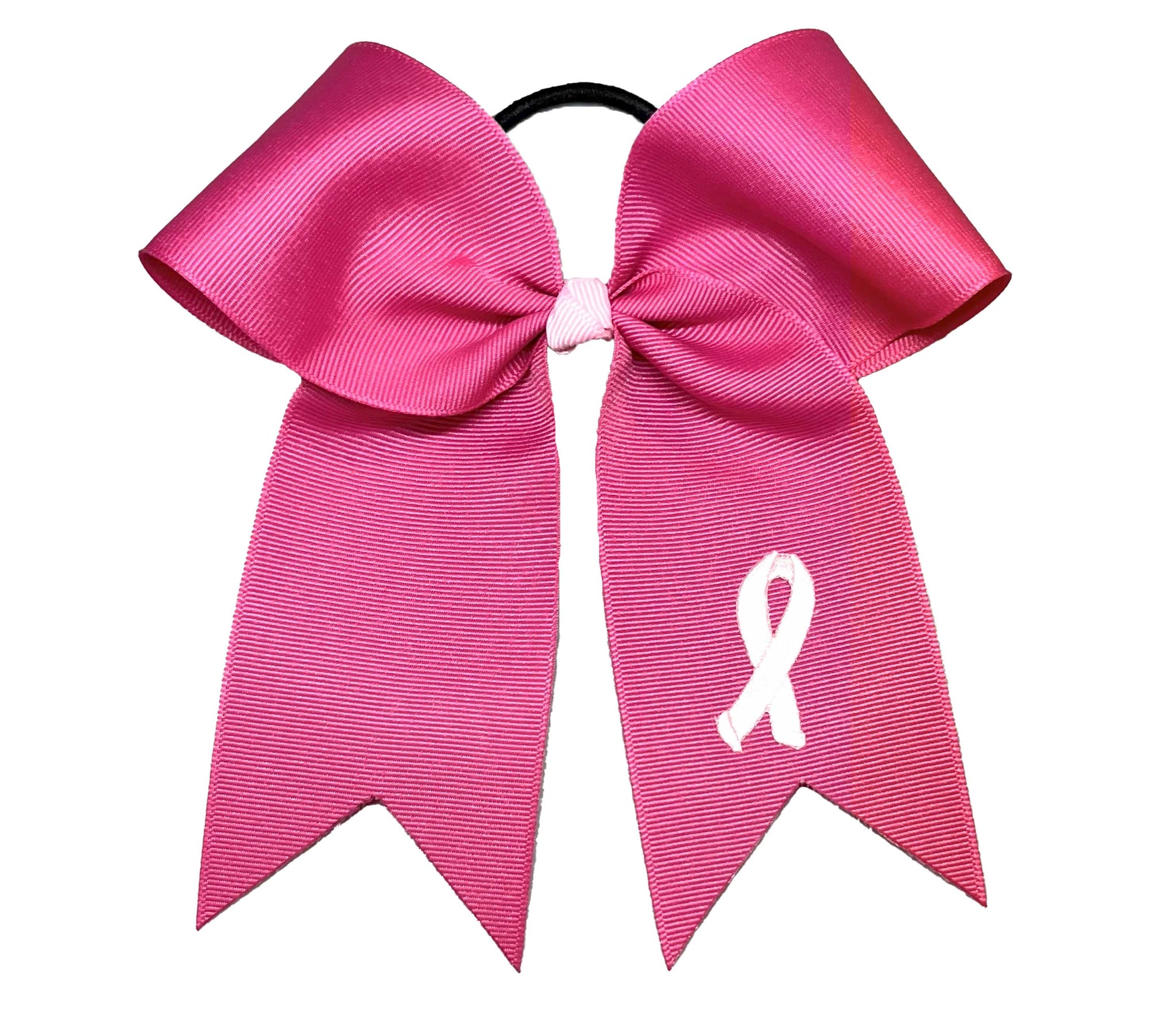 Hot Pink bow with a pink breast cancer ribbon symbol on a white background