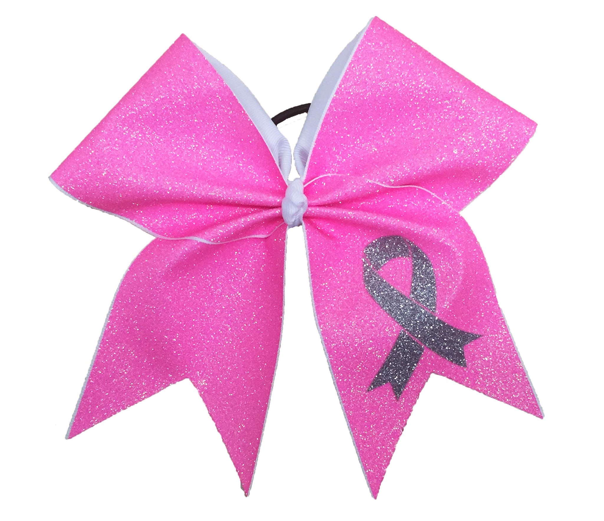 neon pink glittery breast cancer bow with silver ribbon on a white background
