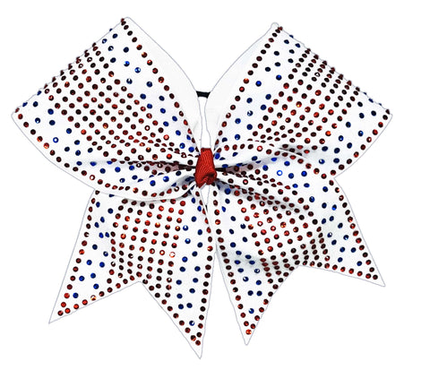Colored red and royal blue rhinestones on white gillter hair bow on a white background