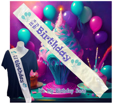 Birthday sash with 'It's My Birthday' text, t-shirt, and colorful balloons in the background