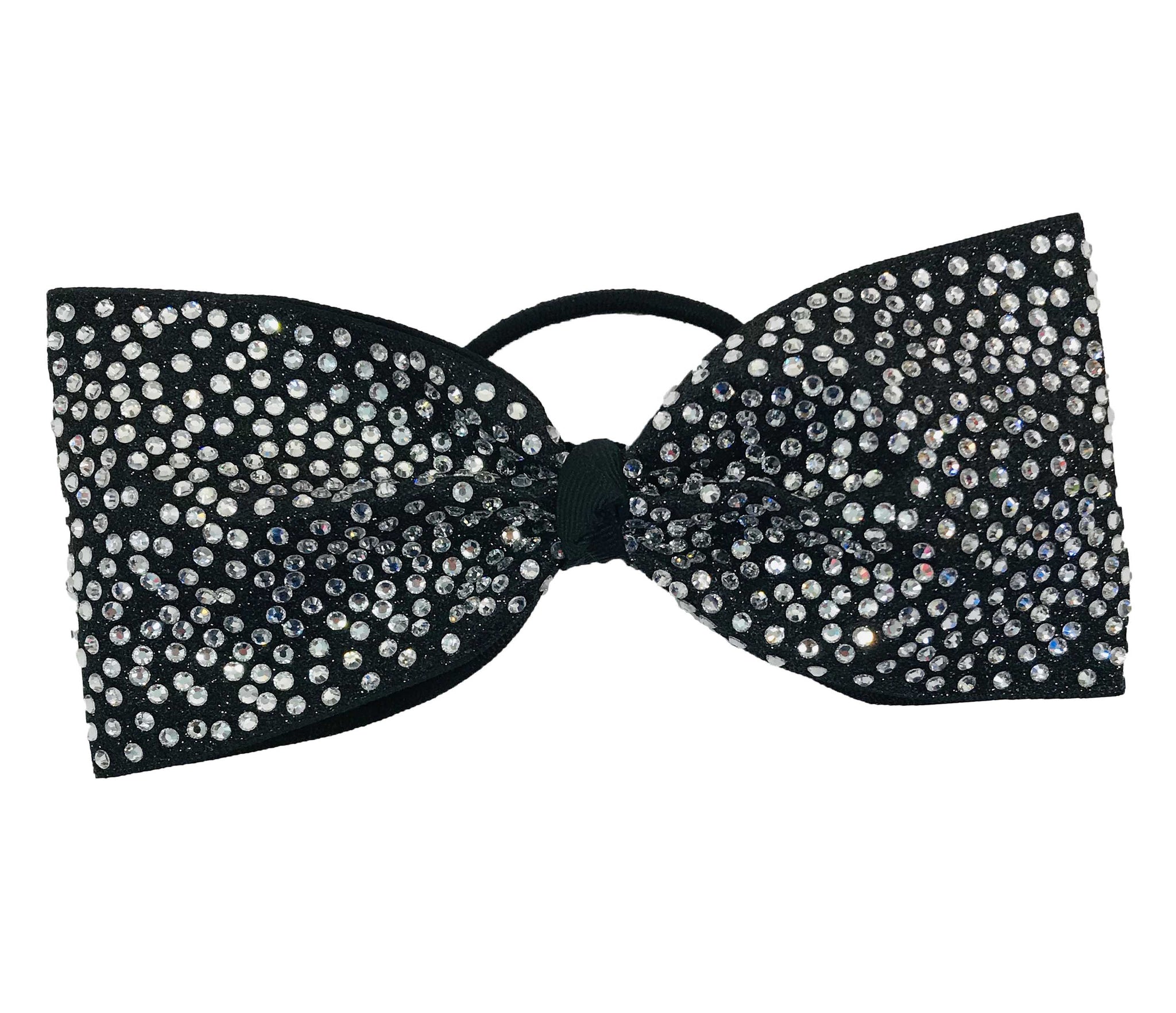 Black tailless cheer bow with rhinestone embellishments on a white background