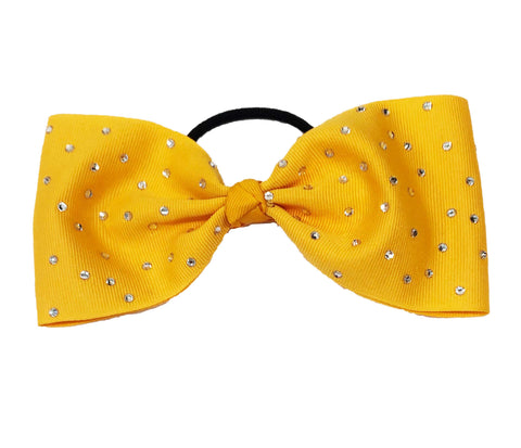 Yellow gold tailless cheer bow hair accessory with rhinestones on a white background