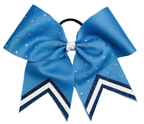Copen Blue cheer bow with navy and white chevron designs on a white background