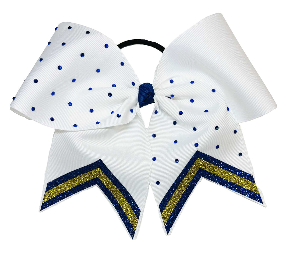 White cheer bow with blue rhinestones  and royal and yellow gold glitter accents on a white background