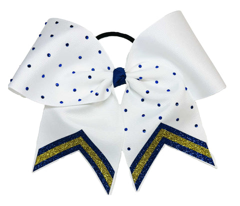 White cheer bow with blue rhinestones  and royal and yellow gold glitter accents on a white background
