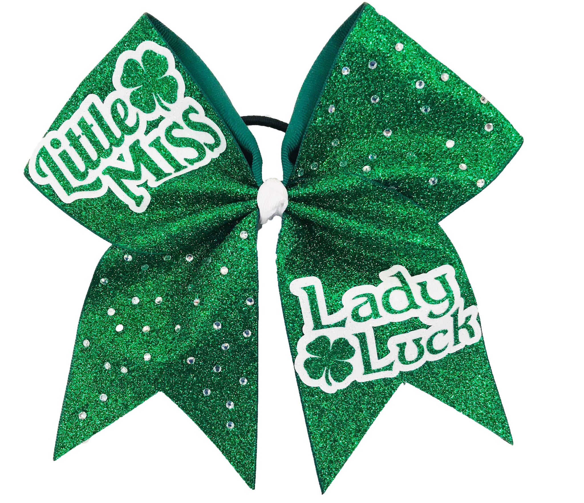 Green glittery bow with 'Little Miss' and 'Lady Lucky' text on a white background