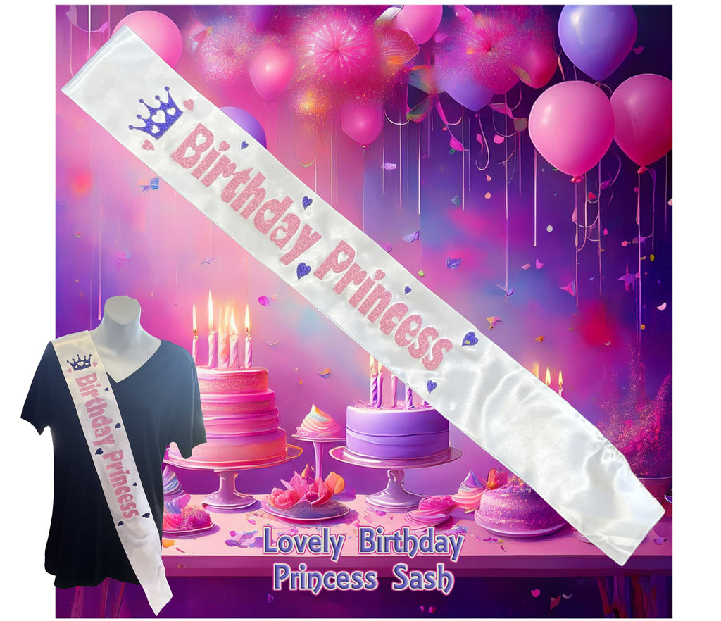 Birthday Princess sash with a crown and hearts with a celebratory background featuring balloons and cake.