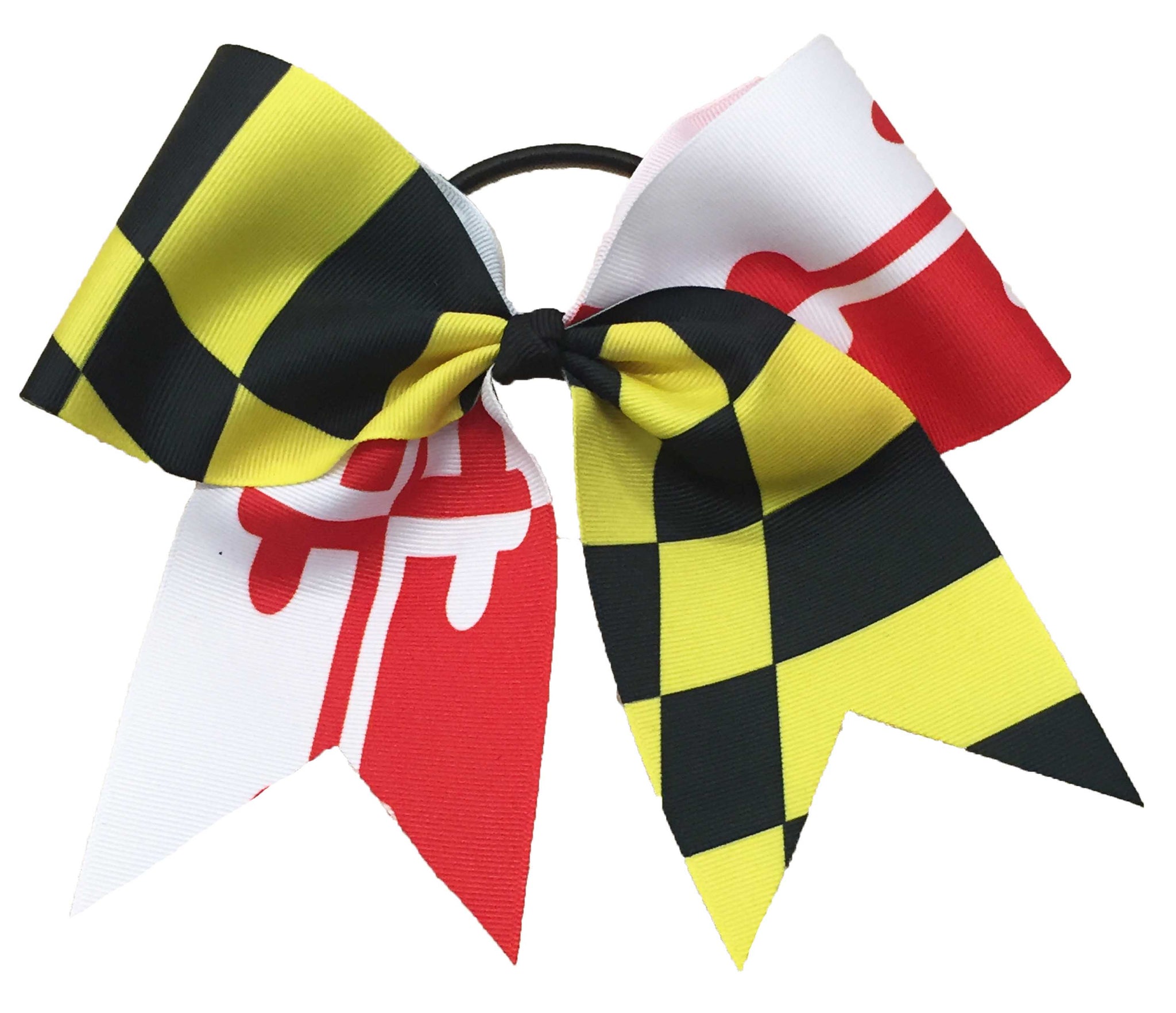 Maryland State Flag themed hair bow checkered yellow pattern and red and white design on a white background